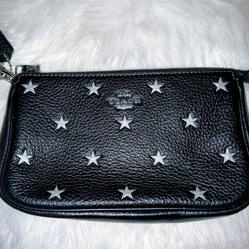 Coach Black Leather Wristlet with Silver Stars